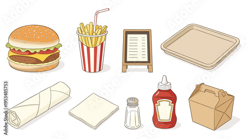 Comprehensive set of various food and beverage collection featuring popular fast food and takeout items