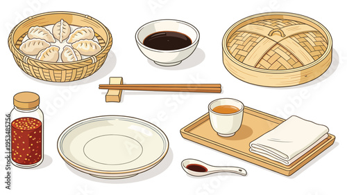 Set elements various food and beverage collection featuring steamed dumplings, condiments, and serving accessories