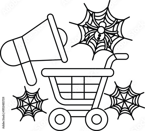 Shopping cart sits beside a megaphone