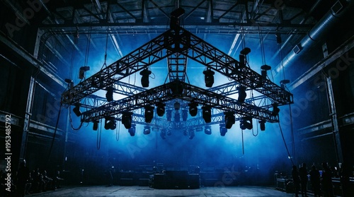 A captivating view of an industrial stage with a complex metal truss structure and blue atmospheric lighting. Generative AI.