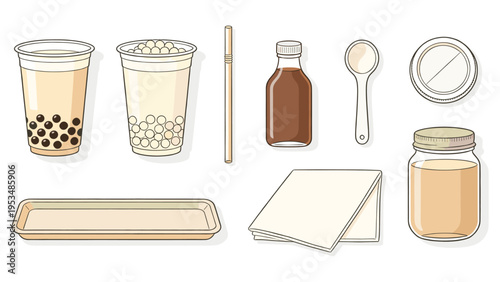 A detailed set elements various food and beverage collection featuring ingredients and serving items for popular bubble tea