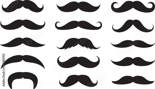 Set of isolated black vector mustaches in different shapes and styles for costume party disguise