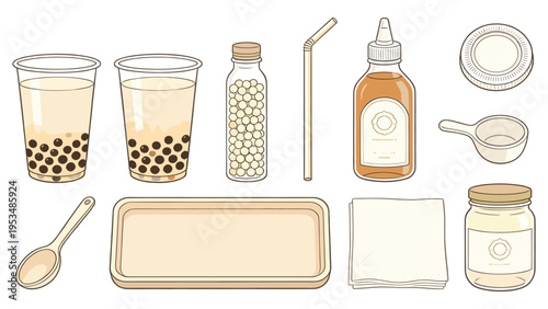 A comprehensive set elements various food and beverage collection featuring ingredients and packaging for bubble tea preparation
