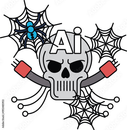 Skull with crossed tech wires and spiderwebs