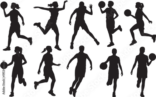 Silhouette female basketball players in action running dribbling and shooting on transparent background