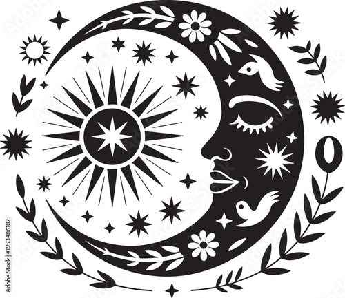 Celestial composition with moon sun stars birds and leaves in silhouette