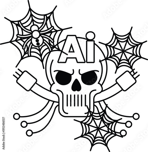 Skull with crossed tech wires and spiderwebs