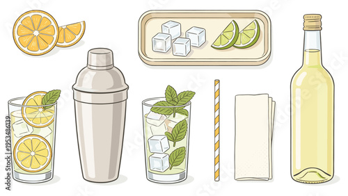 Refreshing citrus cocktail set featuring various barware elements and ingredients for summer beverages collection