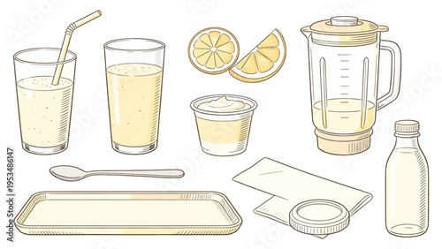 A detailed vector collection set of various food and beverage elements for homemade drinks and kitchen use