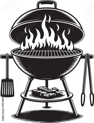 Barbecue grill with flames and steaks, tools for cooking, outdoor cooking and grilling meat