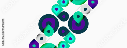 Abstract circles overlap, creating dynamic visual pattern. Green, purple hues dominate white background. Modern design element.