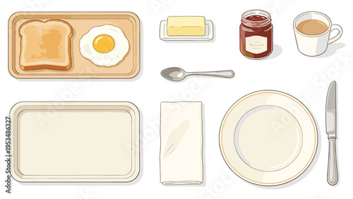 set elements various food and beverage collection featuring a delicious and complete breakfast meal