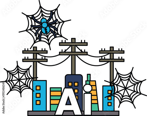 Black and white line art shows urban towers, power lines, and giant webs