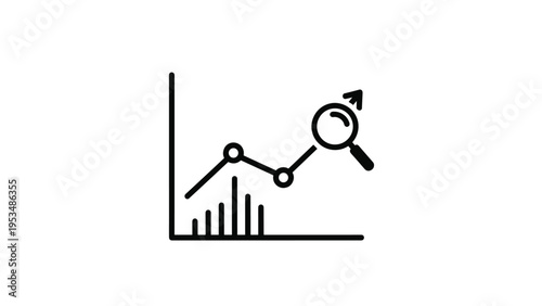 Financial analysis and business growth illustration, showing a line graph and bar chart with an upward-pointing magnifying glass.