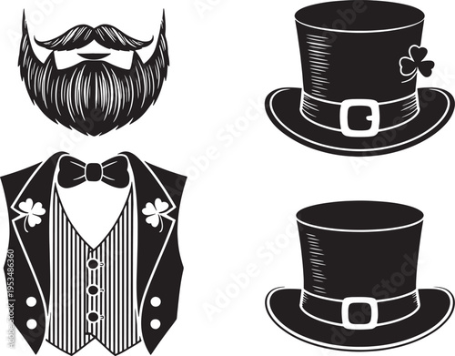 Collection of irish themed items including beard, top hats, and vest with shamrocks for celebration