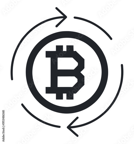 Circular vector graphic featuring the bitcoin logo surrounded by curved arrows indicating rotation