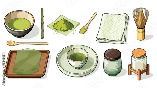 set elements various food and beverage collection featuring traditional Japanese matcha tea ceremony essentials