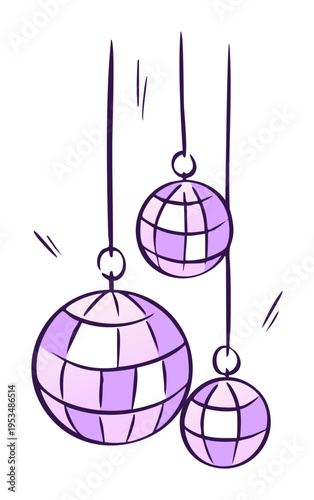 Disco bachelorette vector and purple ball cowgirl with party club dance. Vinyl cute doodle and hand graphic retro with background isolated american. Card purple ball and glitterball disco 80s.