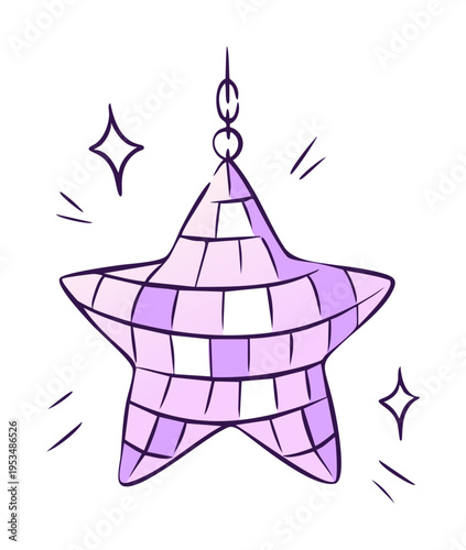 Ball cowgirl party with disco purple vector and club vinyl star. Dance 70s doodle with 80s pixel logo and event valentines isolated. Purple groovy ball with disco card music and bachelorette.