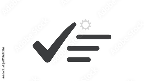 Checkmark next to a list of items with a gear icon, representing completed tasks, settings, process optimization, and verified operations.