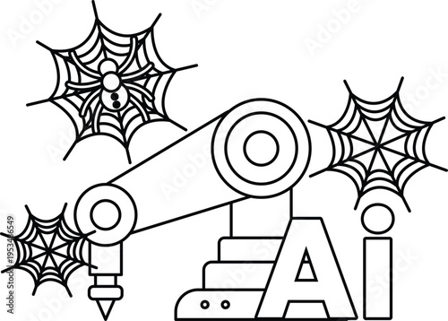 Spider webs frame a robotic arm