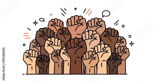 Illustration of diverse raised fists in solidarity with colorful sparks and symbols on a white background.