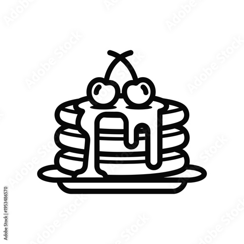 A stack of pancakes with syrup and cherries on top is served on a plate.