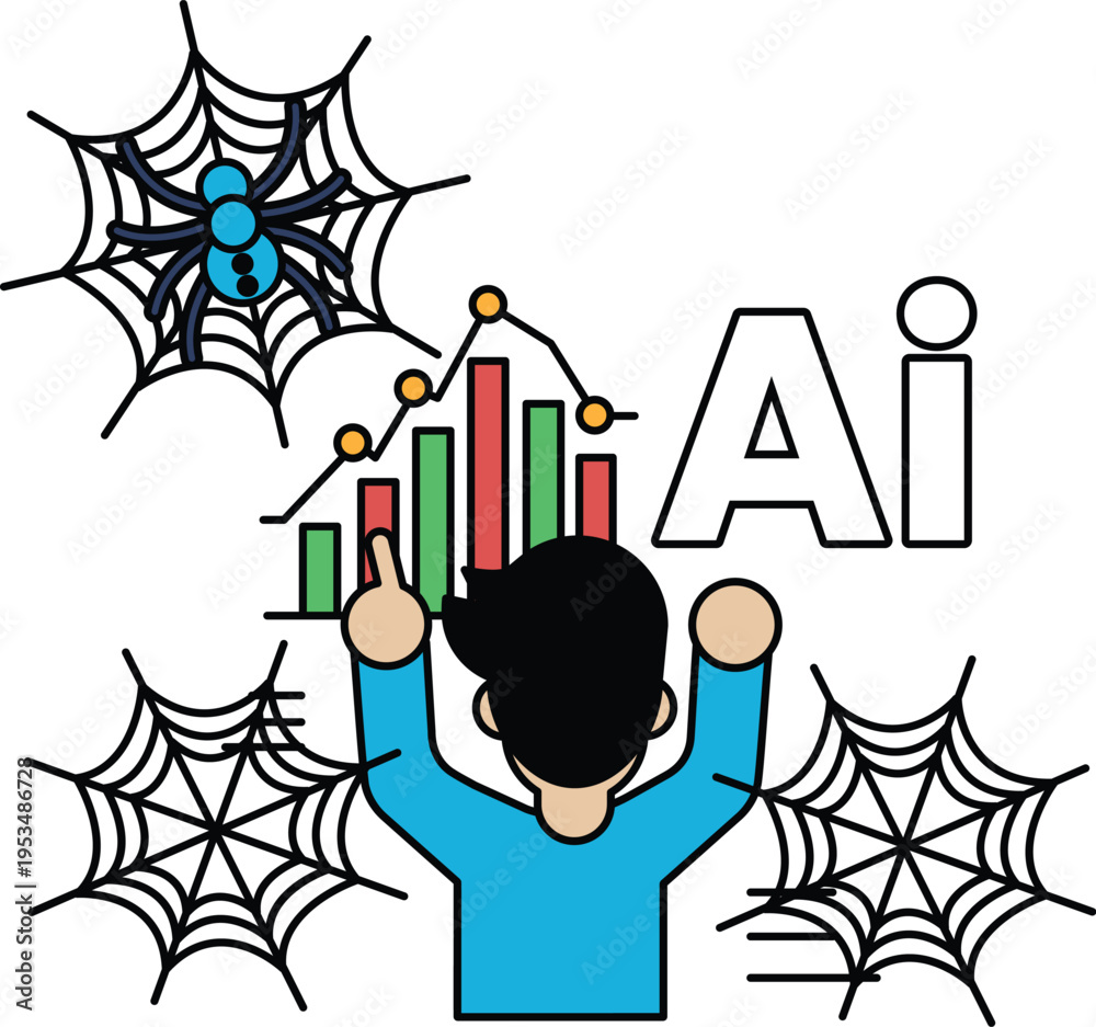 Fototapeta premium Silhouetted figure gestures toward AI symbols and data charts
