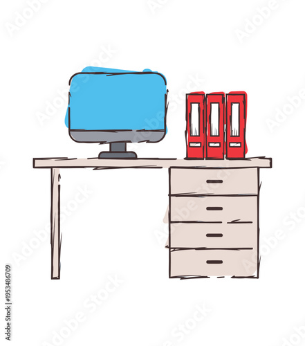 Vector of a desk with a computer monitor three red binders and a file cabinet on top