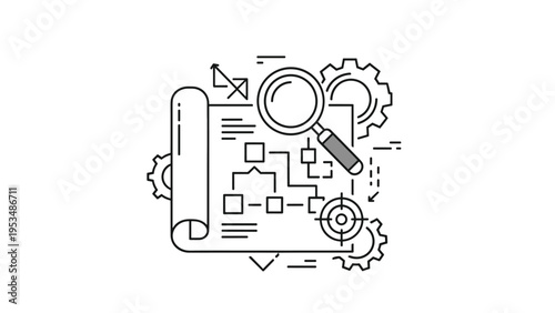 Blueprint or strategic plan with a magnifying glass, gears, and diagram elements, symbolizing detailed planning, analysis, and process development.