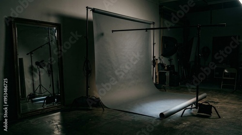 Dimly lit photography studio with backdrop and lighting equipment. Large mirror reflects the scene. Generative AI.
