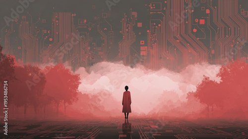 Digital Human Silhouette Circuit Board Cityscape Red Fog Technology Concept Art
