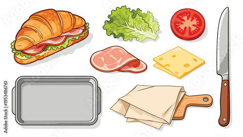 Vibrant vector collection of fresh sandwich ingredients and essential kitchen tools for culinary projects