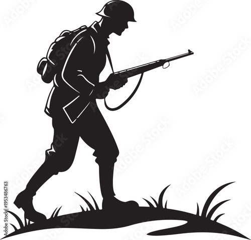 Second World War Infantry Soldier Silhouette Minimal Black Vector Icon Standing Military Figure With Rifle For Branding Print Digital Design