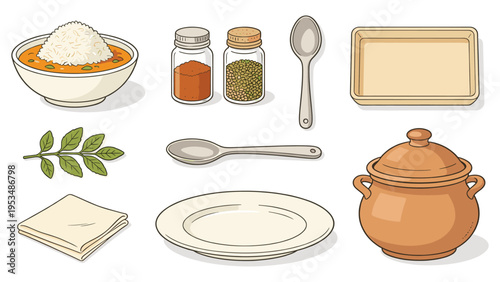 Comprehensive Set of Food Preparation Elements, Including Dishes, Spices, and Serving Utensils for Culinary Tasks