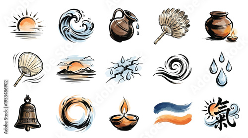 A collection of artistic illustrations representing various elements and concepts, including natural phenomena, cultural symbols, and abstract designs.