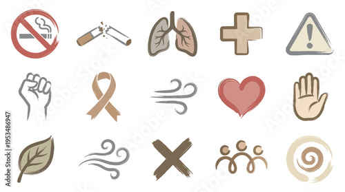 Collection of hand-drawn icons representing health, wellness, and social awareness, including symbols for anti-smoking, lungs, heart, and community.