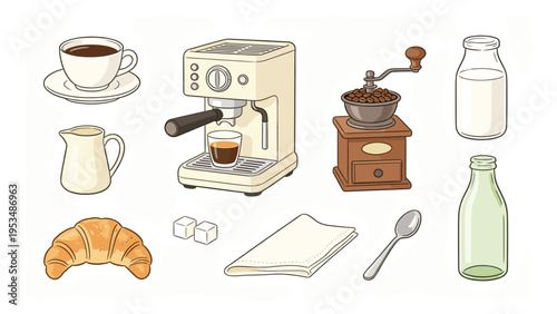 Set elements various food and beverage collection featuring espresso machine, coffee, grinder, milk, and breakfast pastry essentials