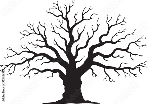Silhouette of a large bare tree with intricate branches against a gray checkered background
