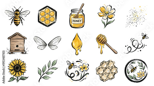 A collection of charming watercolor illustrations depicting bees, honeycombs, beehives, flowers, and honey-related elements, perfect for various design projects.