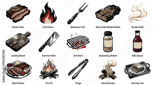 A collection of hand-drawn illustrations depicting various elements associated with barbecuing and smoking meats, including cuts of meat, cooking tools, and fire.
