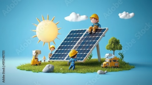 Creative solar energy illustration with workers.