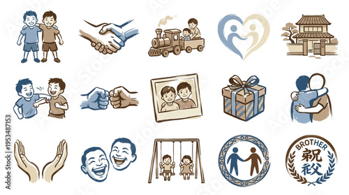 A collection of heartwarming illustrations depicting the strong bonds of brotherhood, friendship, and family through various symbolic gestures and scenes.