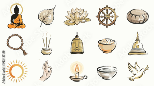 Collection of Buddhist symbols and icons, including Buddha, Dharma wheel, lotus, and prayer beads, representing spiritual concepts and practices.
