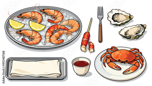 Set elements various food and beverage collection featuring delicious fresh seafood, including shrimp, crab, and oysters with spring rolls