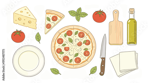 Set elements various food and beverage collection featuring delicious Italian pizza, fresh ingredients, and kitchenware essentials