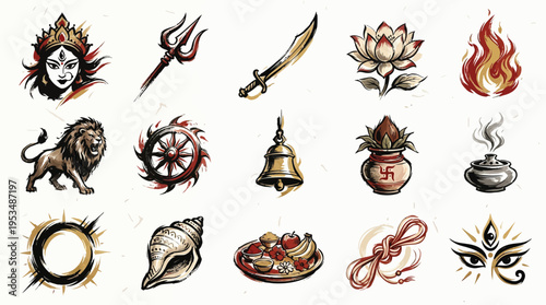 Collection of Hindu religious symbols and deities, including Durga, trident, sword, lotus, fire, lion, chakra, bell, kalash, lamp, sun, conch, offerings, knot, and eyes.