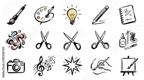 A collection of hand-drawn icons representing various creative arts and crafts, including painting, drawing, music, and photography.