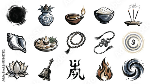 A collection of traditional Hindu religious symbols and items used in worship and rituals, presented in a stylized illustration.
