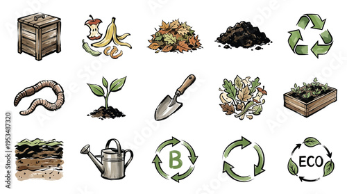 A collection of illustrations depicting various aspects of composting, including a compost bin, organic waste, soil layers, gardening tools, and recycling symbols.
